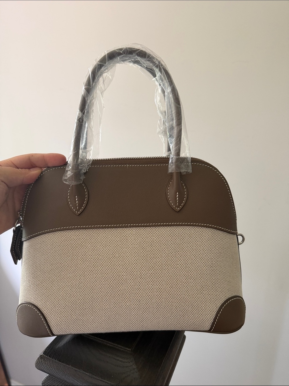 Real Canvas & Leather Top-Handle Bag 25cm- Grey